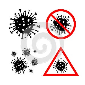 Set of 4 Dangerous Coronavirus red and black vector Icon. 2019-nCoV bacteria isolated on white background. COVID-19
