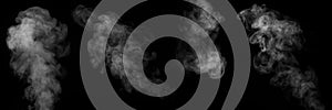 A set of 4 different steam, smoke, gas isolated on a black background. Swirling, writhing smoke to overlay