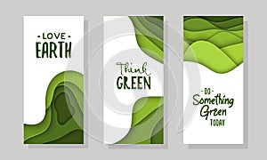 Set of 4 Earth Day abstract graphic organic paper cut. Dynamical waves, fluid shapes. Green banners with flowing lines. Template