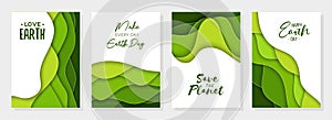 Set of 4 Earth Day abstract graphic organic paper cut shapes. Dynamical waves, fluid shapes. Green banners with flowing lines.