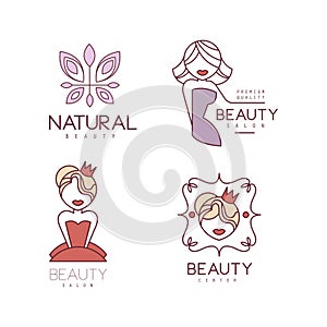 Set of 4 emblems for beauty salon or shop. Vector logos with girls silhouettes and abstract butterfly. Signs in line