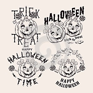 Set of 4 emblems with pumpkins like little kids, sweets, bones, text happy halloween, trick or treat