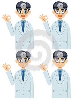 A set of 4 facial expressions of a doctor with a smiling face mirror that says `OK`.