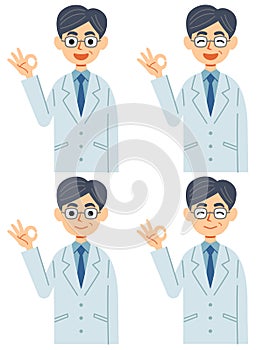 A set of 4 facial expressions of doctors and scholars who say `okay` with a smile.