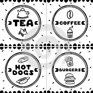 Set of 4 fast food cover for cafe. Sketch concept illustration. Food flyer.