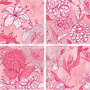 Set of 4 Floral Seamless Patterns in pink colors