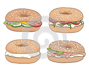 Set of 4 fresh bagel sandwiches with different fillings. Cream cheese, lox, vegetables. Vector illustration.