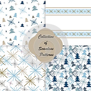 Set of 4 geometric seamless patterns in winter style. Blue Christmas trees, snowflakes on a white background.