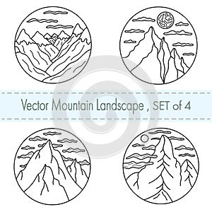 Set of 4 hand drawn black and white illustrations Landscapes with silhouettes of mountains and clouds