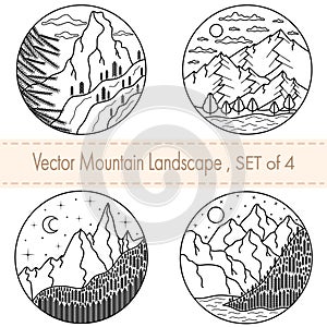 Set of 4 hand drawn black and white illustrations.Mountain landscapes with tress,clouds,river,moon