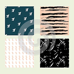 Set of 4 hand drawn trendy patterns with ink brush strokes. Collection of colorful backgrounds