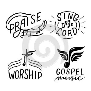 Set with 4 hand lettering logo Sing the Lord, Praise, Worship, Gospel music.