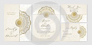 Set of 4 invitation design templates with golden Mandala. Luxury pattern for Wedding card, Save the date, Thank you