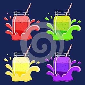 Set of 4 layered smoothies in mason jar with straw in a splash. Vector hand drawn illustration.