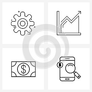 Set of 4 Line Icon Signs and Symbols of gear, money, engine, data, cash