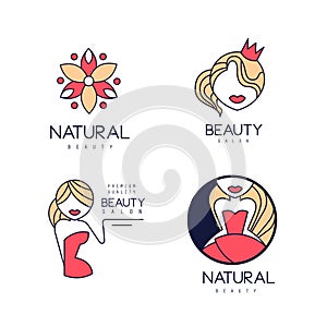 Set of 4 linear beauty salon logo templates with colorful fill. Stylish vector emblems with abstract flower and gentle