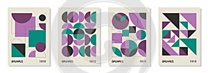 Set of 4 minimal vintage 20s geometric design posters, wall art, template, layout with primitive shapes elements. Bauhaus retro