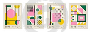 Set of 4 minimal vintage 20s geometric design posters, wall art, template, layout with primitive shapes elements. Bauhaus retro