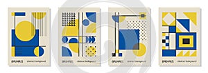 Set of 4 minimal vintage 20s geometric design posters, wall art, template, layout with primitive shapes elements. Bauhaus retro