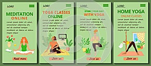 Set of 4 mobile app page templates. Mobile version of the Home yoga and pilates site. Girls in tracksuits doing asana and