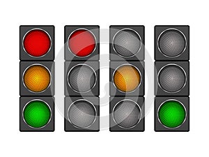 Set of 4 modern led traffic light with different sequence of switching-on red, yellow, green lights.