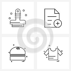 Set of 4 Modern Line Icons of stamp; shirt; file; food; garments