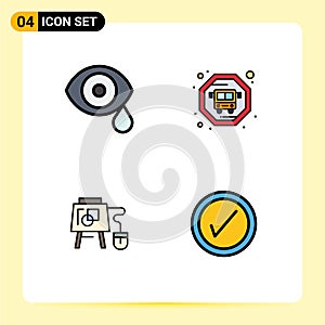 Set of 4 Modern UI Icons Symbols Signs for biology, board, science, public transit, tick