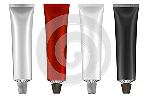Set of 4 multicolored tubes. Vector illustration of cream or toothpaste tube. Ointment. Salve