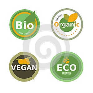 Set of 4 Organic, bio, eco and vegan Product or food logo badge in organic tone on white background