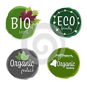 Set of 4 Organic Product or food logo badge in green tone on white background