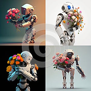 set of 4 pictures with Robots. Robots hold bouquets of flowers in their hands. created by AI