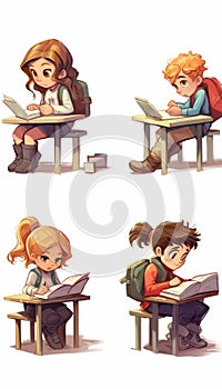 a set of 4 pupils sitting on a school desk generative AI