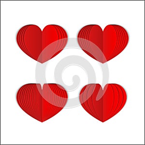 Set of 4 red paper heart isolated on white. Symbol of love for Valentine s day greeting card. Realistic 3d folded heart. Vector