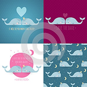 Set of 4 romantic greeting cards with whales