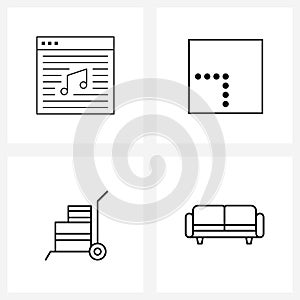 Set of 4 Simple Line Icons of music, cart, website, pathfinder, couch