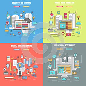 Set of 4 thin line flat design concept for designer, education and learning, viral and video marketing