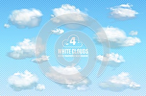 Set 4 of transparent different clouds isolated on blue background. Real transparency effect. Vector illustration EPS10