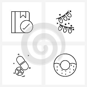 Set of 4 Universal Line Icons of book; tablet; tick; bounties; doughnut
