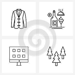 Set of 4 Universal Line Icons of coat, design, cloths, drink, grid