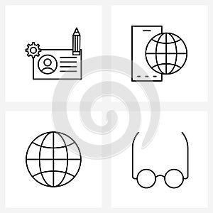 Set of 4 Universal Line Icons of id card; world; pencil; web; education