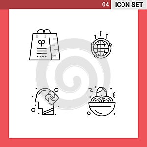 Set of 4 Vector Filledline Flat Colors on Grid for bag, world, shopping, communication, mind