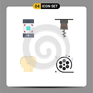 Set of 4 Vector Flat Icons on Grid for camera, head, technology, empathy, movie