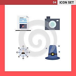 Set of 4 Vector Flat Icons on Grid for entertainment, direction, multimedia, holiday, career