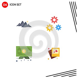 Set of 4 Vector Flat Icons on Grid for mountain, business, nature, gears, diploma