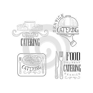 Set of 4 vector logos for catering services. Hand drawn emblems with coffee cup and cakes, serving tray, delicious pizza