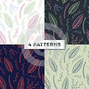 Set of the 4 Vector Seamless Contour Floral Pattern. Hand Drawn Colorful Floral Texture, Decorative Leaves