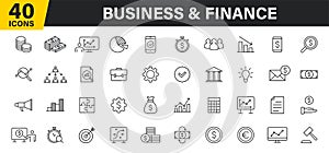 Set of 40 Business and Finance web icons in line style. Money, dollar, infographic, banking. Vector illustration