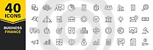 Set of 40 Business and Finance web icons in line style. Money, dollar, infographic, banking. Vector illustration