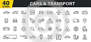 Set of 40 Cars and transport web icons in line style. Airplane, bus, parking, travel, train, comfortable. Vector illustration