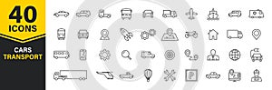 Set of 40 Cars and transport web icons in line style. Airplane, bus, parking, travel, train, comfortable. Vector illustration